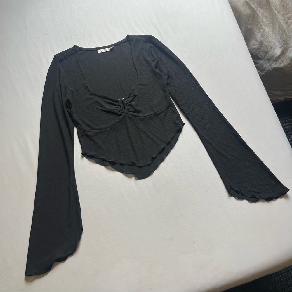 Steele Black Semi Sheer Rib Knit Bell Sleeve Cropped Silver Hardware Detail Top